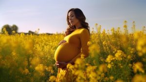 pregnant women wearing a yellow dress stands in a field with yellow flowers